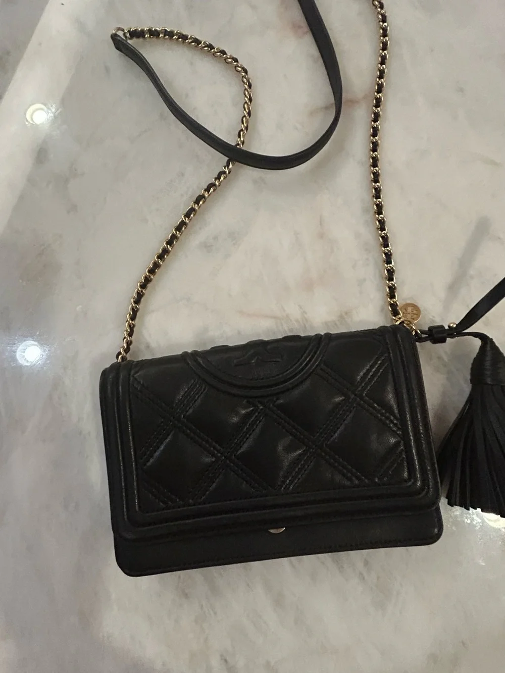 Tory Burch Fleming soft wallet Black Quilted Leather Crossbody with Tassel
